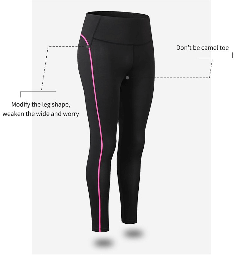 Black sports leggings with pink stripe, designed to avoid camel toe and enhance leg shape.